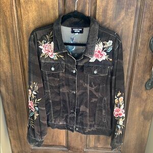 Johnny Was Pink and Brown Camo Print Velvet Jacket with Floral Embroidery
